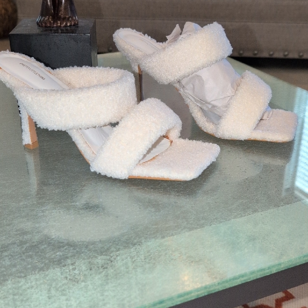 PrettyLittleThing Cream Fuzzy Winter White Heeled Sandals